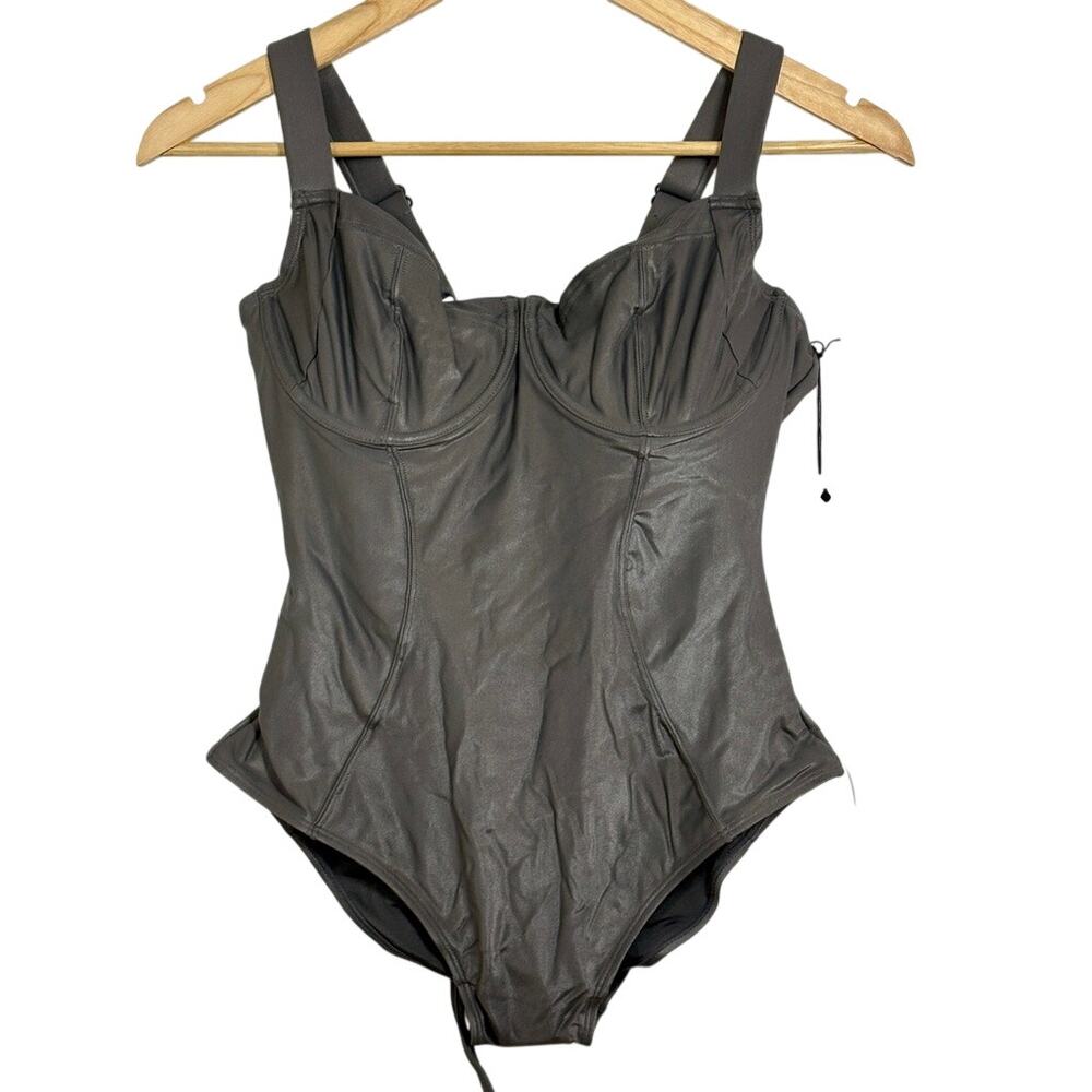 NWT TA3 Lifty Pewter Silver Underwire Corset One Piece Swimsuit Size L Short B/C